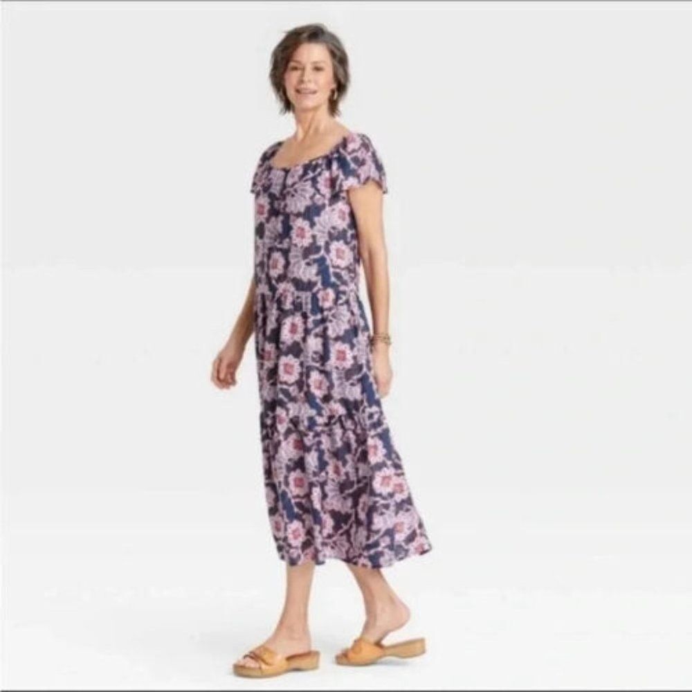 Knox Rose Navy Floral Flutter Short Sleeve A-Line Dress -  Womens XL - NEW
